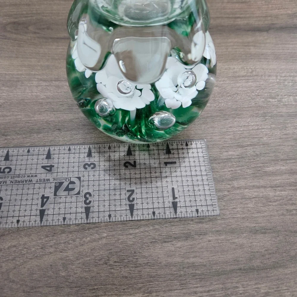 Bud Vase Clear White Green Floral Paperweight Base Ruffled Rim Hand-blown